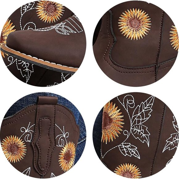 Women Cowboy Boots Sunflower Embroidery Stitched Square Toe Low Heel Western - Picture 3 of 6